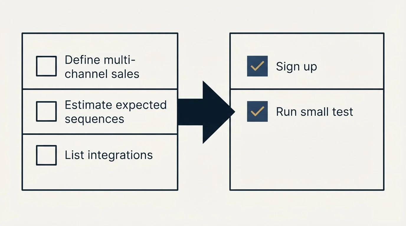 Before-and-after steps: Getting Started Checklist (Define multi-channel sales, Estimate expected sequences, List integrations, Sign up)