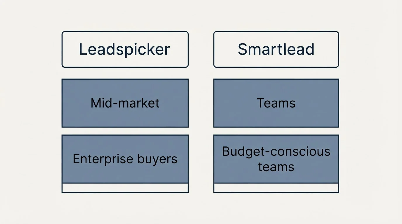 Two-column comparison: Use Case Recommendations (Leadspicker, Smartlead, Mid-market, Teams)