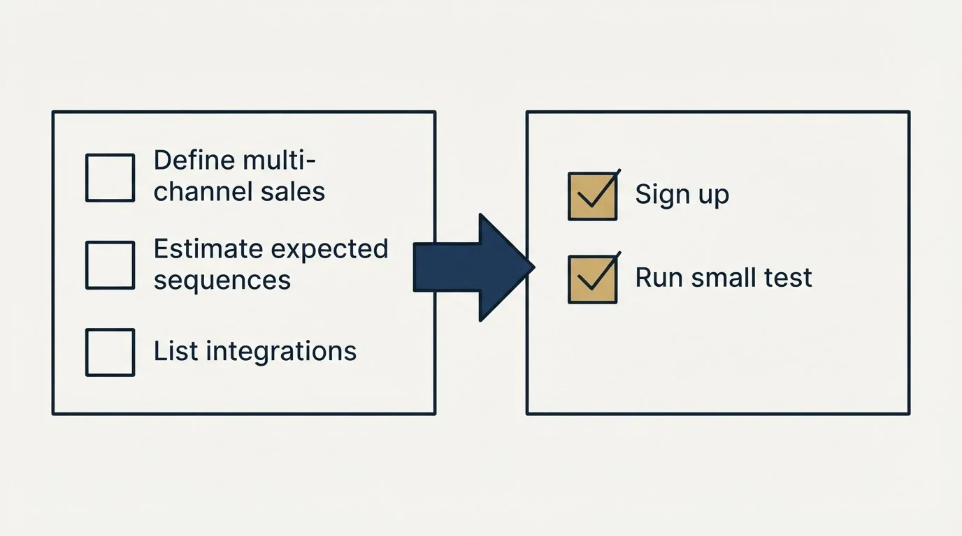 Before-and-after steps: Getting Started Checklist (Define multi-channel sales, Estimate expected sequences, List integrations, Sign up)