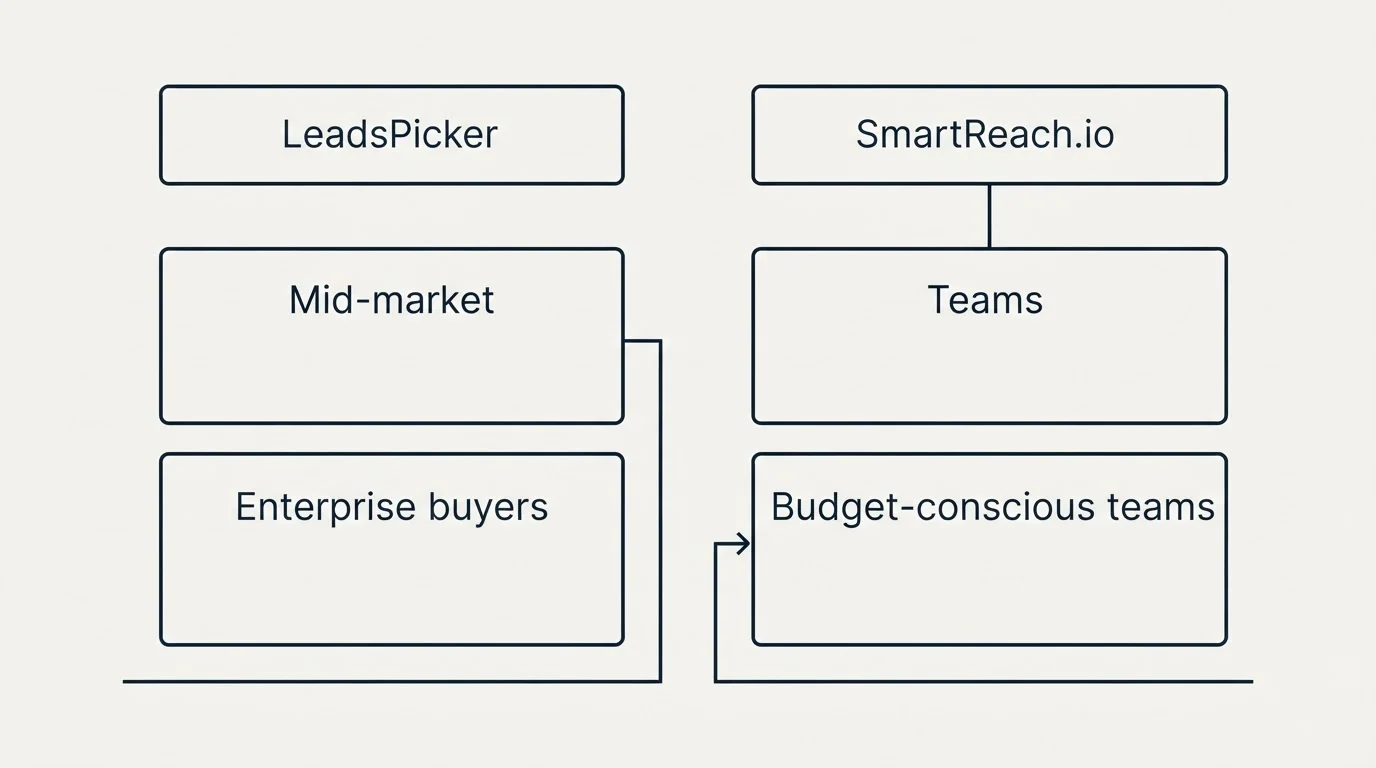 Two-column comparison: Use Case Recommendations (LeadsPicker, SmartReach.io, Mid-market, Teams)