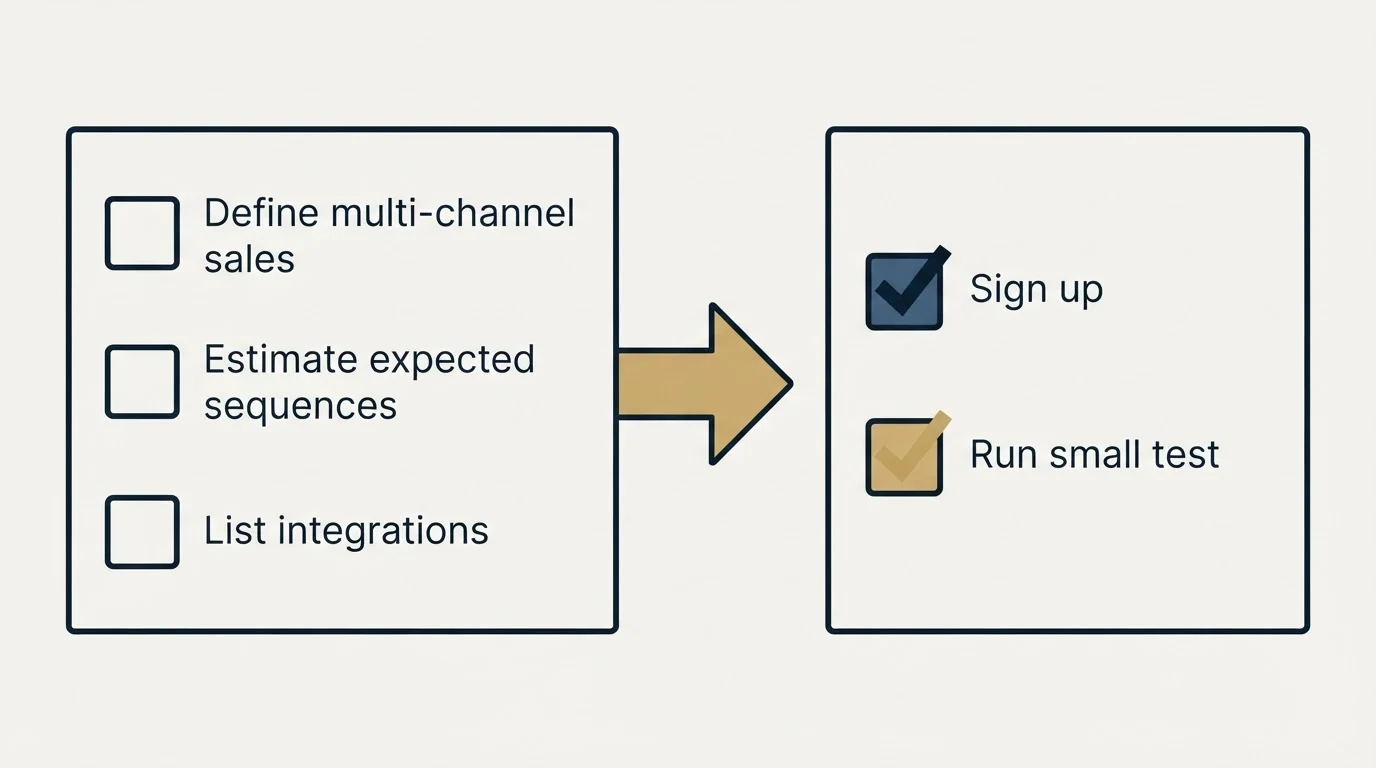 Before-and-after steps: Getting Started Checklist (Define multi-channel sales, Estimate expected sequences, List integrations, Sign up)