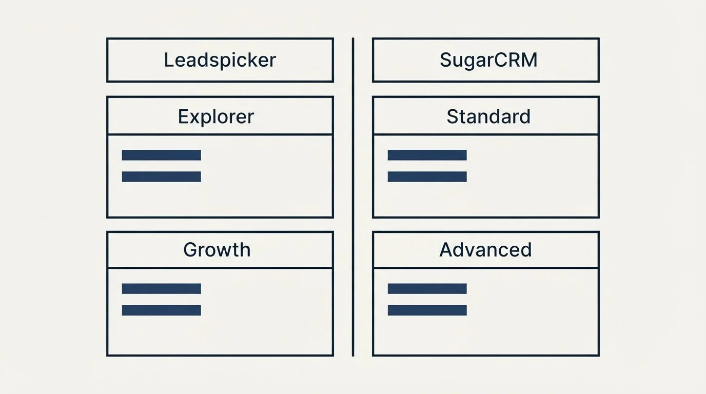 Pricing table: Pricing Comparison (Leadspicker, SugarCRM, Explorer, Standard)