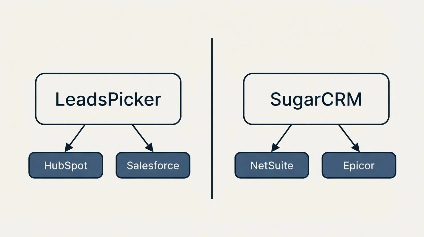 Integration schematic: Integration Ecosystem (LeadsPicker, SugarCRM, HubSpot, NetSuite)