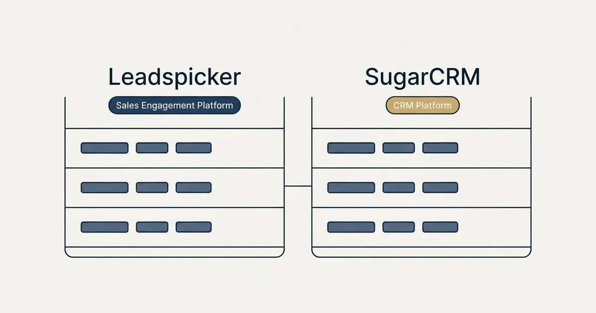 Side-by-side panels: Leadspicker vs SugarCRM (Sales Engagement Platform, CRM Platform)