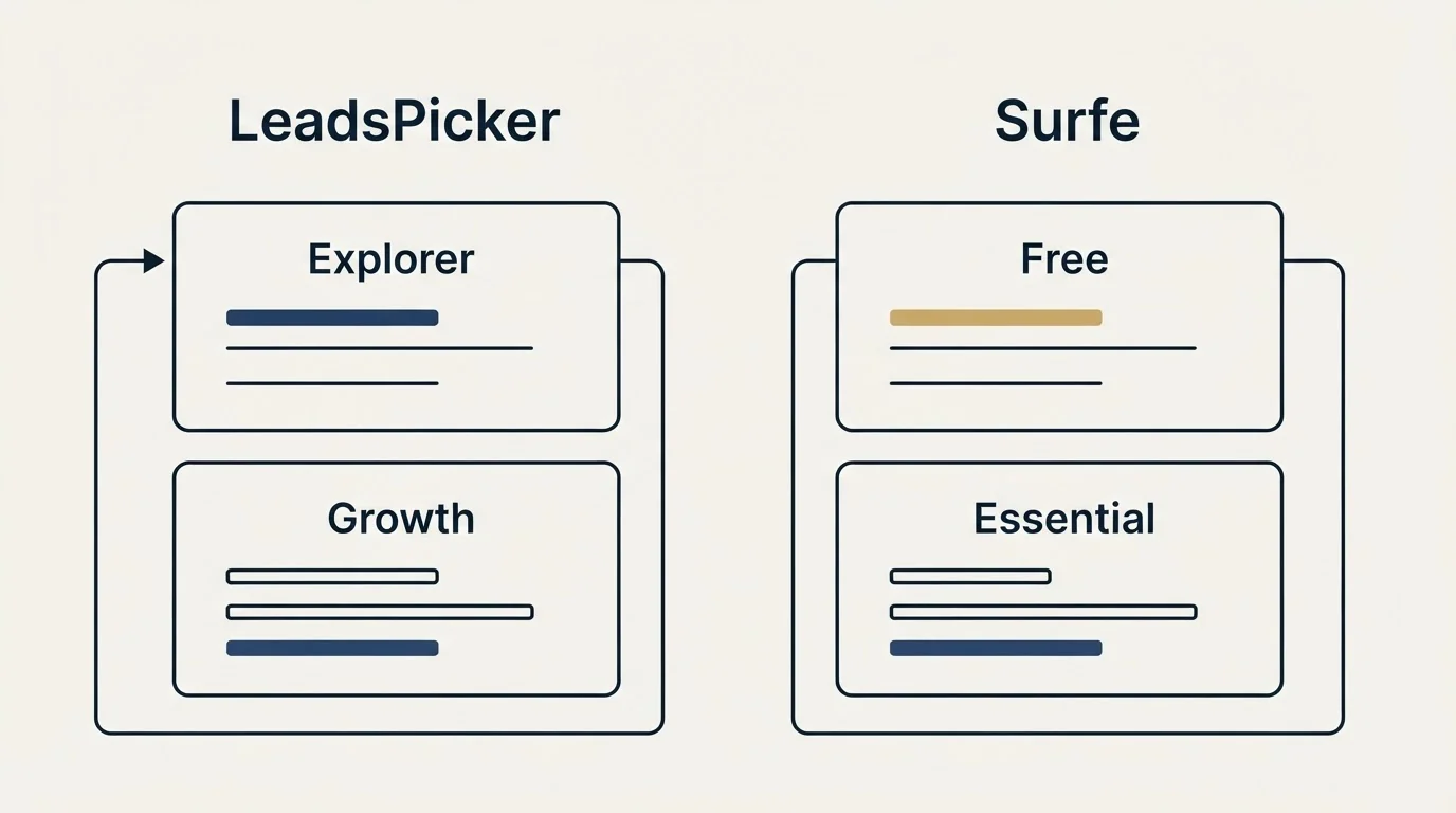 Pricing panels: Pricing Comparison (LeadsPicker, Surfe, Explorer, Free)