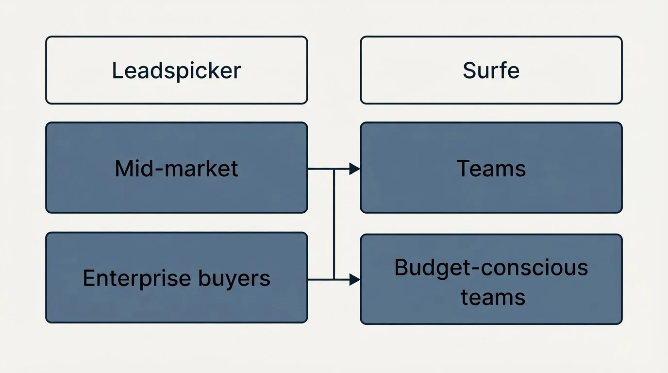 Two-column comparison: Use Case Recommendations (Leadspicker, Surfe, Mid-market, Teams)