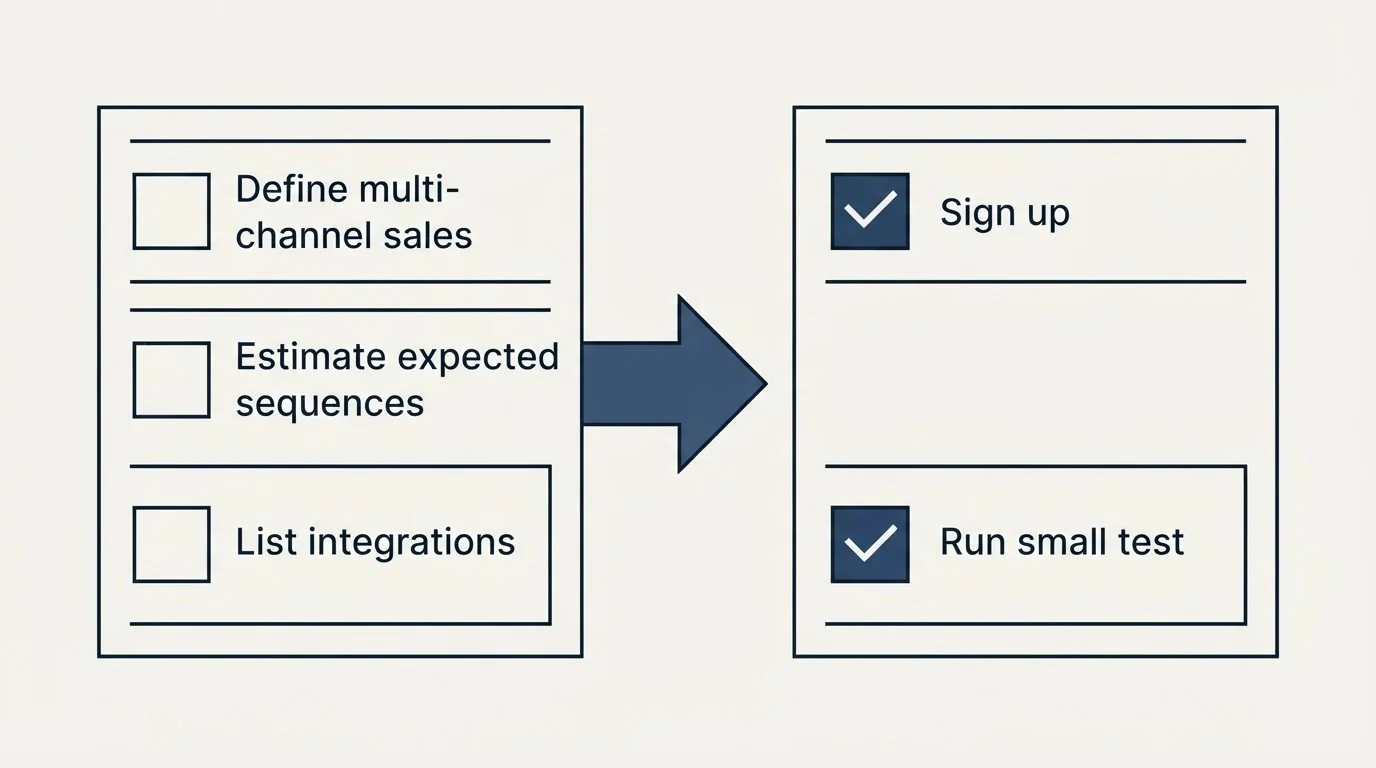 Before-and-after steps: Getting Started Checklist (Define multi-channel sales, Estimate expected sequences, List integrations, Sign up)