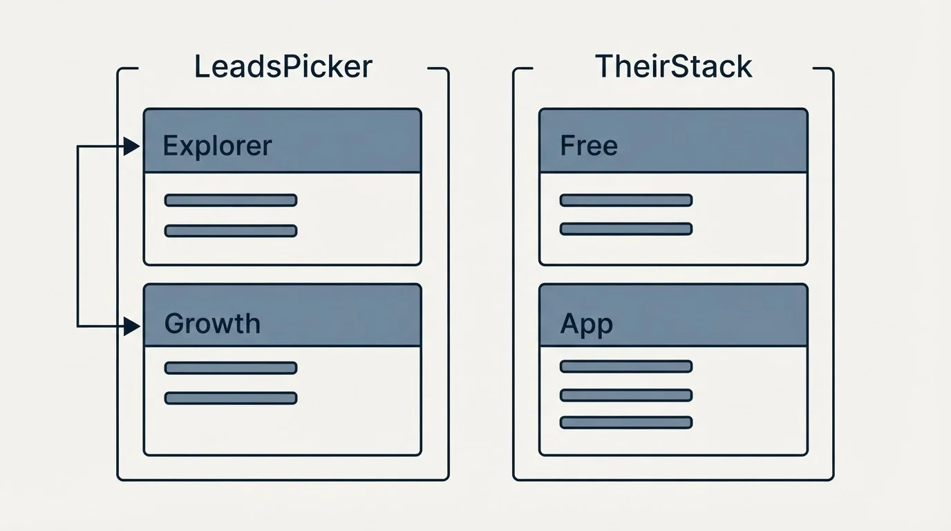 Pricing panels: Pricing Comparison (LeadsPicker, TheirStack, Explorer, Free)