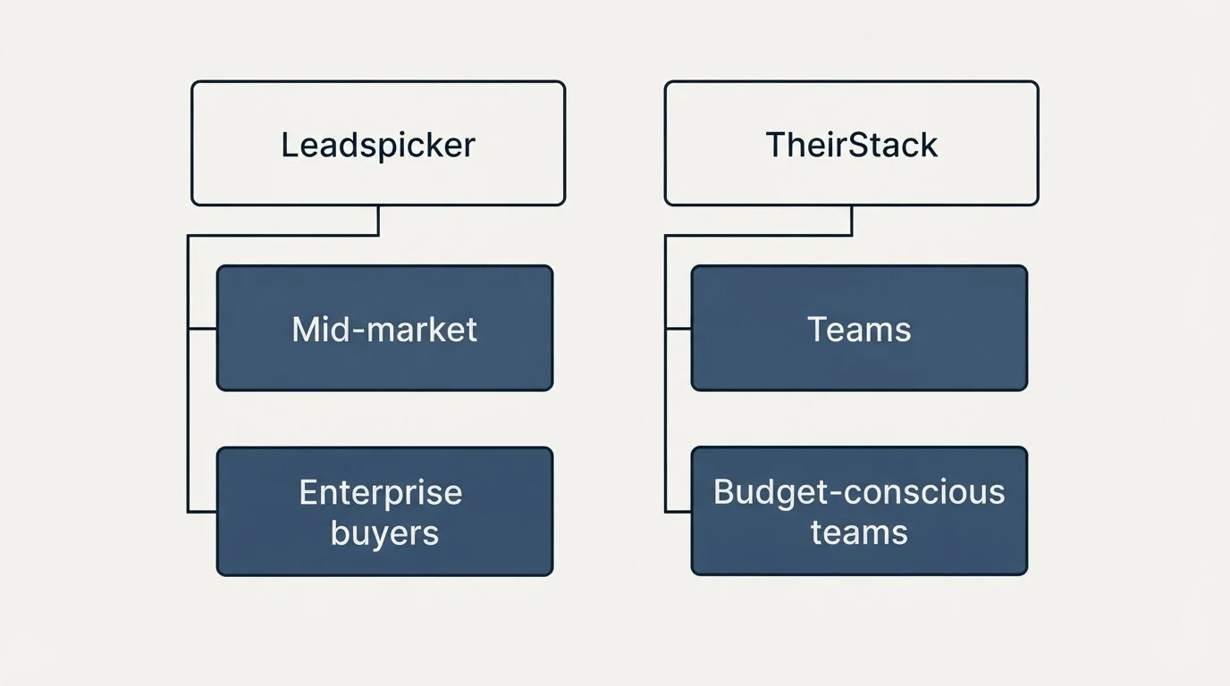 Two-column comparison: Use Case Recommendations (Leadspicker, TheirStack, Mid-market, Teams)
