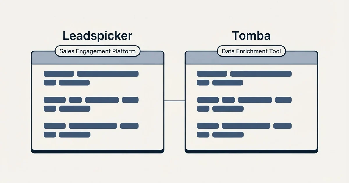 Side-by-side panels: Leadspicker vs Tomba (Sales Engagement Platform, Data Enrichment Tool)