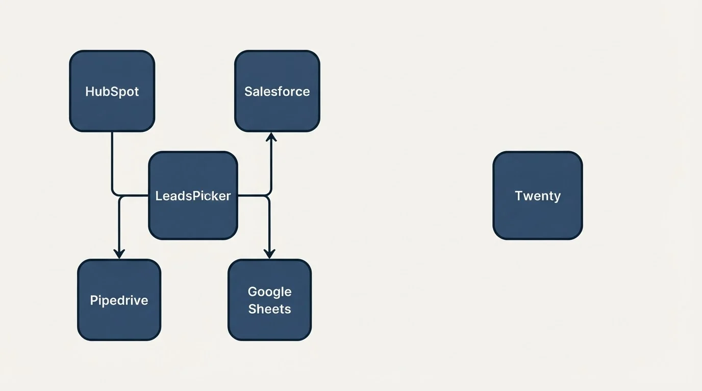 Integration schematic: Integration Ecosystem (LeadsPicker, Twenty, HubSpot, Salesforce)