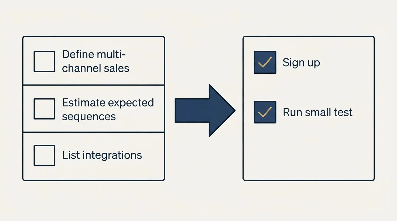 Before-and-after steps: Getting Started Checklist (Define multi-channel sales, Estimate expected sequences, List integrations, Sign up)
