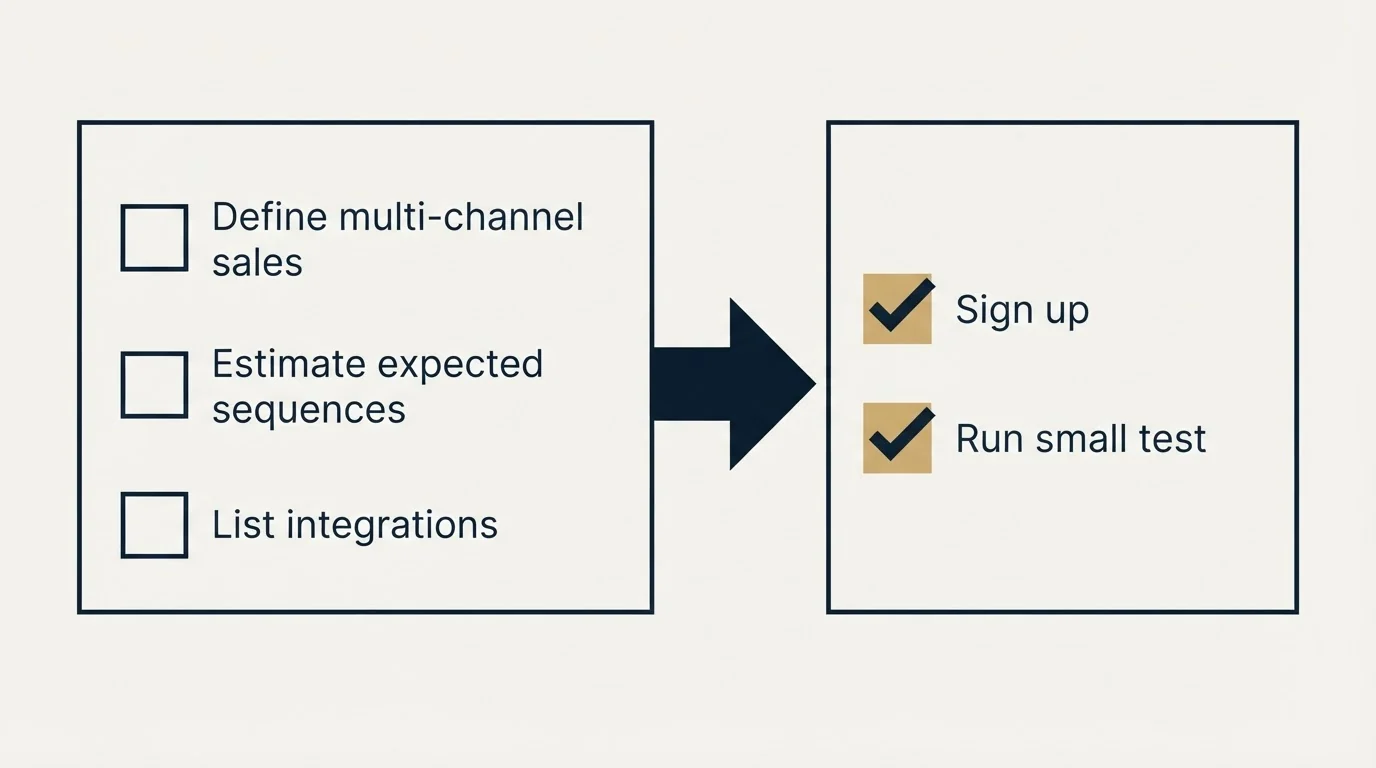 Before-and-after steps: Getting Started Checklist (Define multi-channel sales, Estimate expected sequences, List integrations, Sign up)