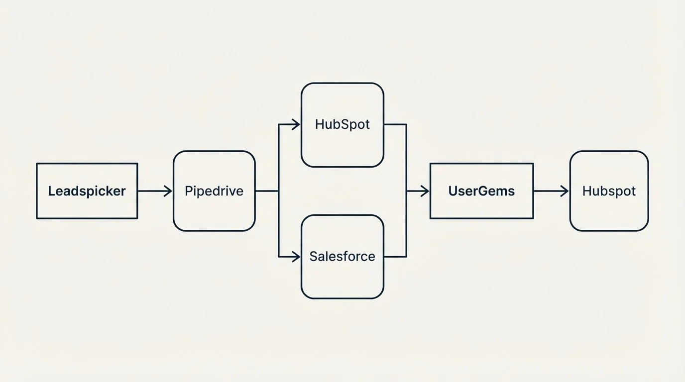 Integration flow: Integration Ecosystem (Leadspicker, UserGems, HubSpot, Salesforce)