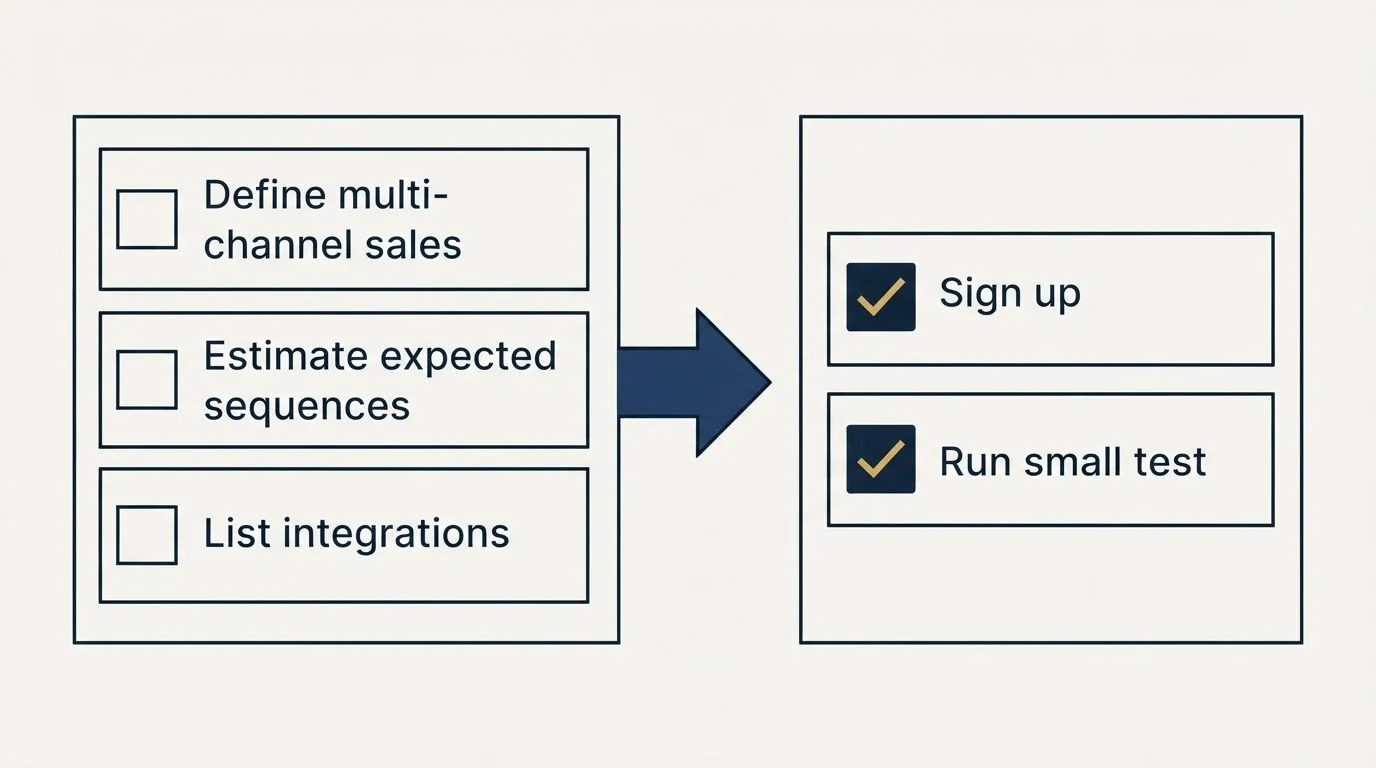 Before-and-after steps: Getting Started Checklist (Define multi-channel sales, Estimate expected sequences, List integrations, Sign up)