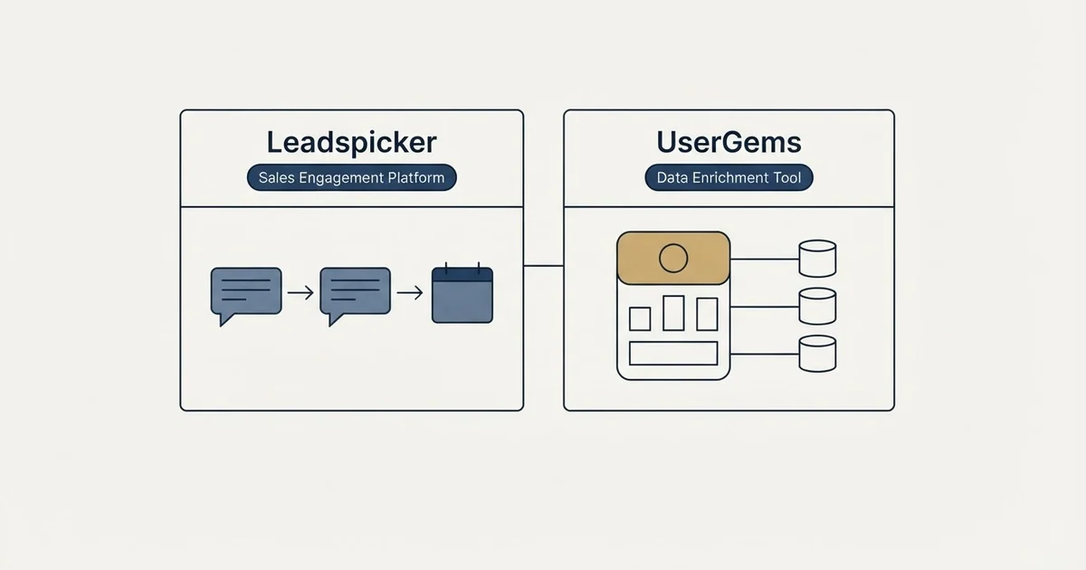 Side-by-side panels: Leadspicker vs UserGems (Sales Engagement Platform, Data Enrichment Tool)