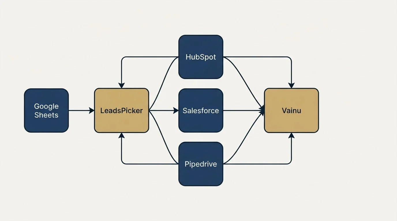 Integration schematic: Integration Ecosystem (LeadsPicker, Vainu, HubSpot, Salesforce)