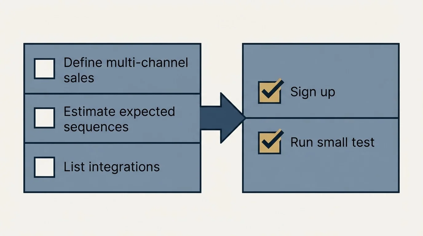 Before-and-after steps: Getting Started Checklist (Define multi-channel sales, Estimate expected sequences, List integrations, Sign up)