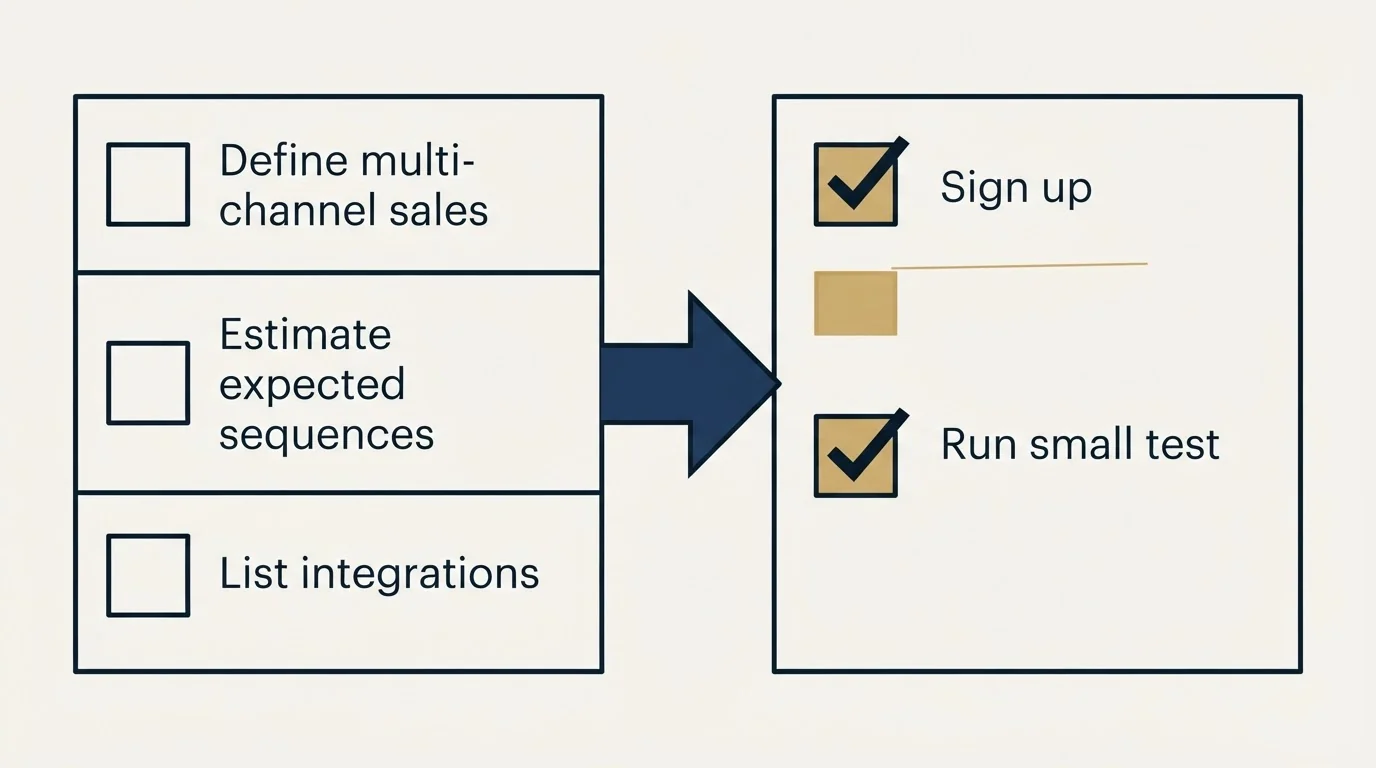 Before-and-after steps: Getting Started Checklist (Define multi-channel sales, Estimate expected sequences, List integrations, Sign up)
