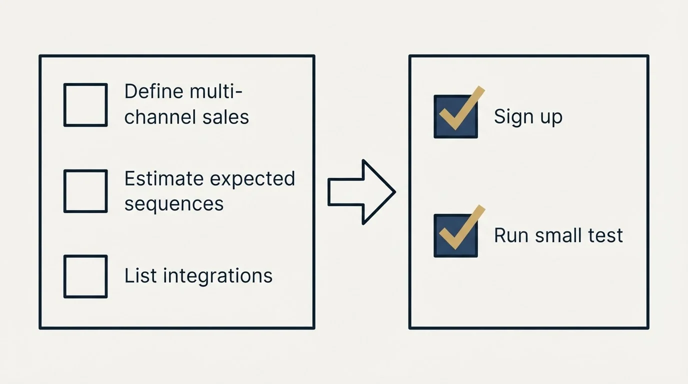 Before-and-after steps: Getting Started Checklist (Define multi-channel sales, Estimate expected sequences, List integrations, Sign up)