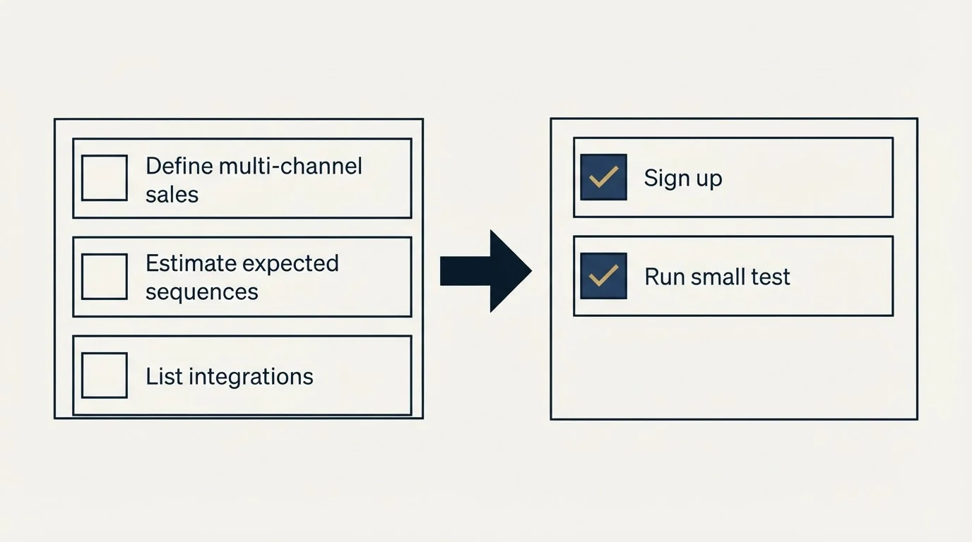 Before-and-after steps: Getting Started Checklist (Define multi-channel sales, Estimate expected sequences, List integrations, Sign up)