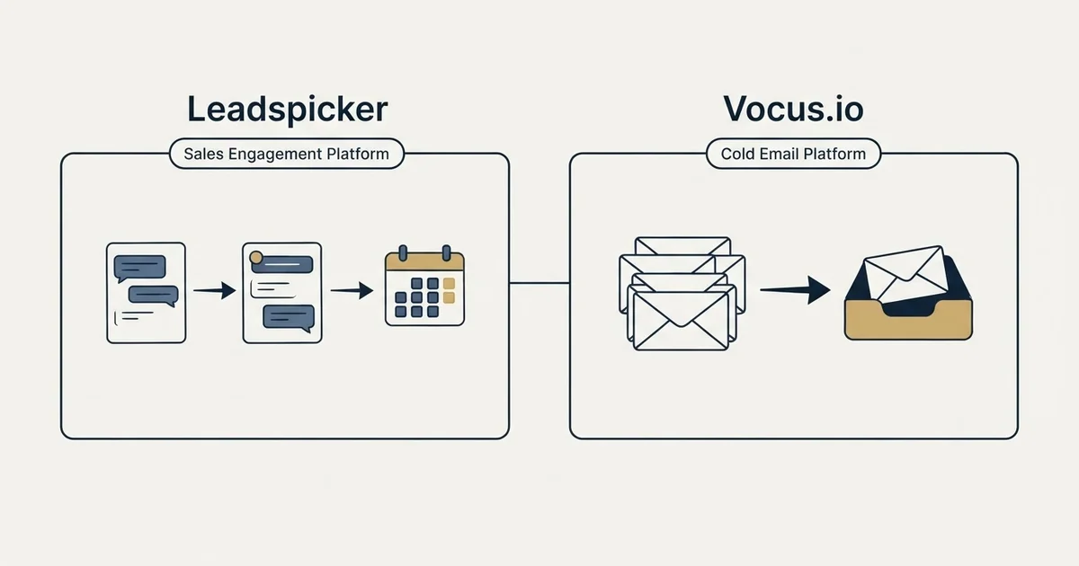 Side-by-side panels: Leadspicker vs Vocus.io (Sales Engagement Platform, Cold Email Platform)