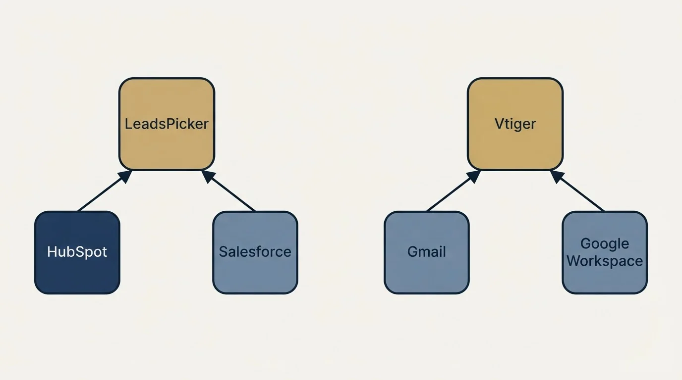 Integration schematic: Integration Ecosystem (LeadsPicker, Vtiger, HubSpot, Gmail)