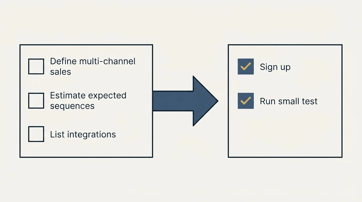 Before-and-after steps: Getting Started Checklist (Define multi-channel sales, Estimate expected sequences, List integrations, Sign up)