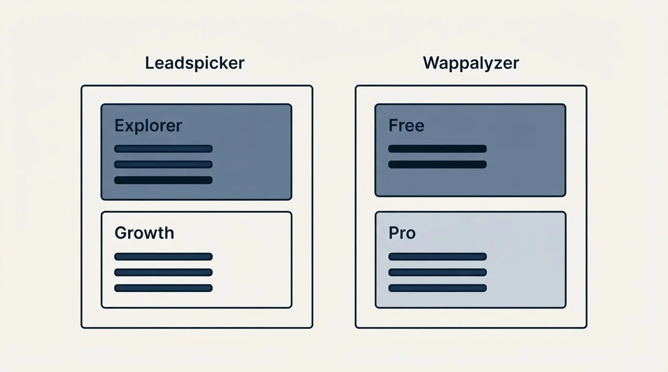 Pricing panels: Pricing Comparison (Leadspicker, Wappalyzer, Explorer, Free)