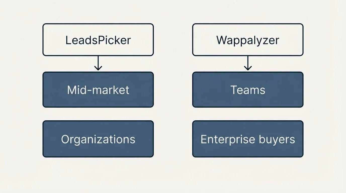 Two-column comparison: Use Case Recommendations (LeadsPicker, Wappalyzer, Mid-market, Teams)