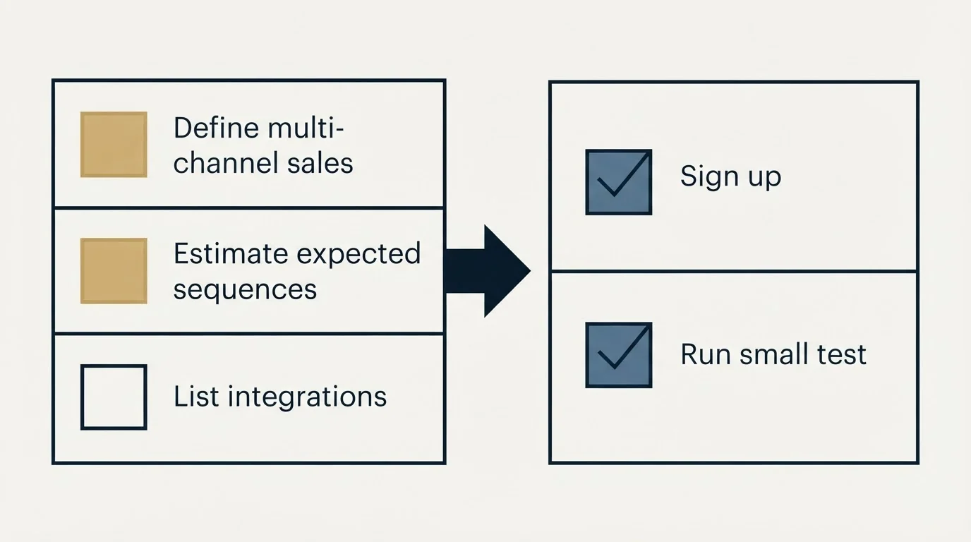 Before-and-after steps: Getting Started Checklist (Define multi-channel sales, Estimate expected sequences, List integrations, Sign up)