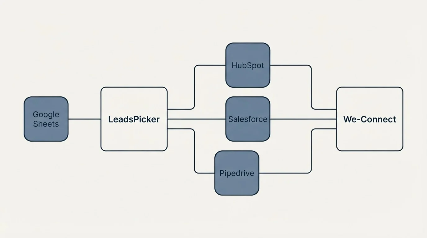 Integration schematic: Integration Ecosystem (LeadsPicker, We-Connect, HubSpot, Salesforce)