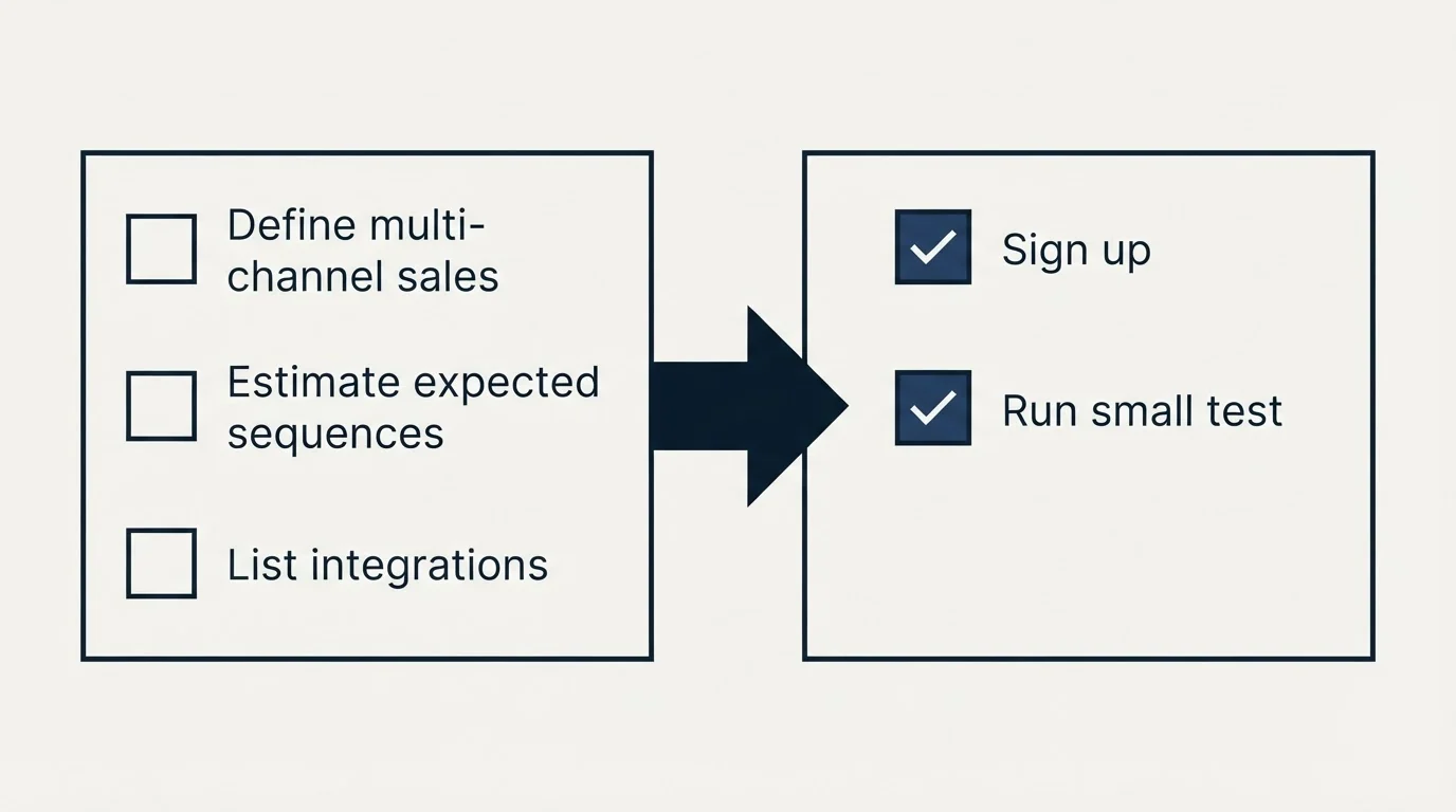 Before-and-after steps: Getting Started Checklist (Define multi-channel sales, Estimate expected sequences, List integrations, Sign up)