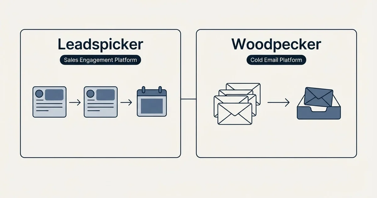 Side-by-side panels: Leadspicker vs Woodpecker (Sales Engagement Platform, Cold Email Platform)