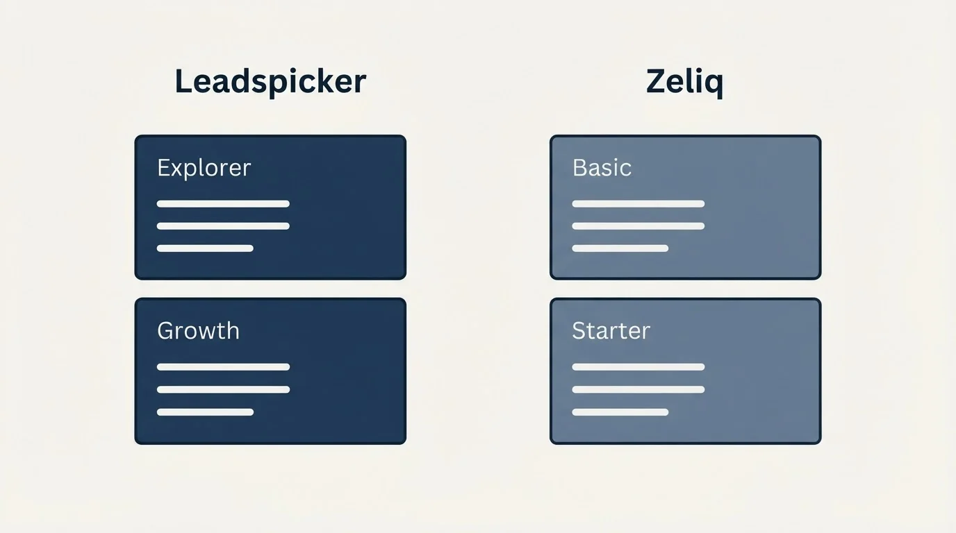 Pricing panels: Pricing Comparison (Leadspicker, Zeliq, Explorer, Basic)