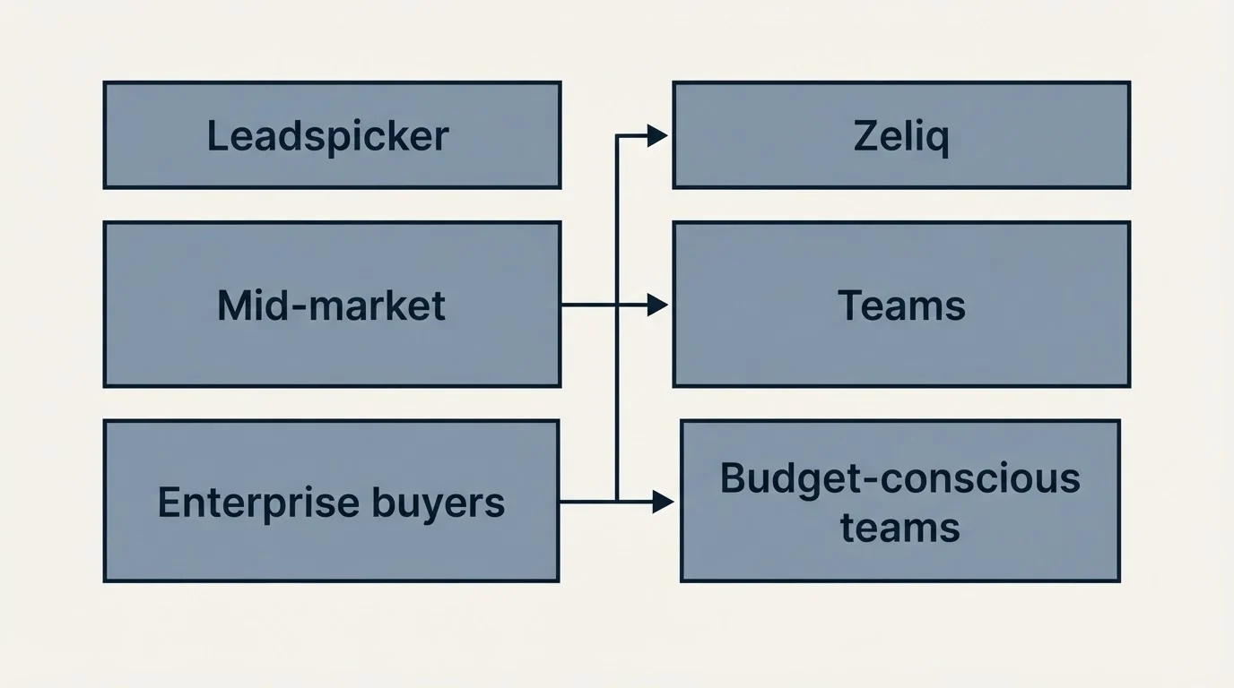Two-column comparison: Use Case Recommendations (Leadspicker, Zeliq, Mid-market, Teams)