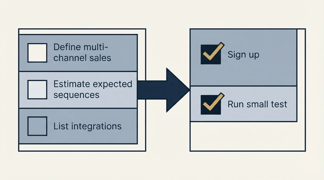 Before-and-after steps: Getting Started Checklist (Define multi-channel sales, Estimate expected sequences, List integrations, Sign up)