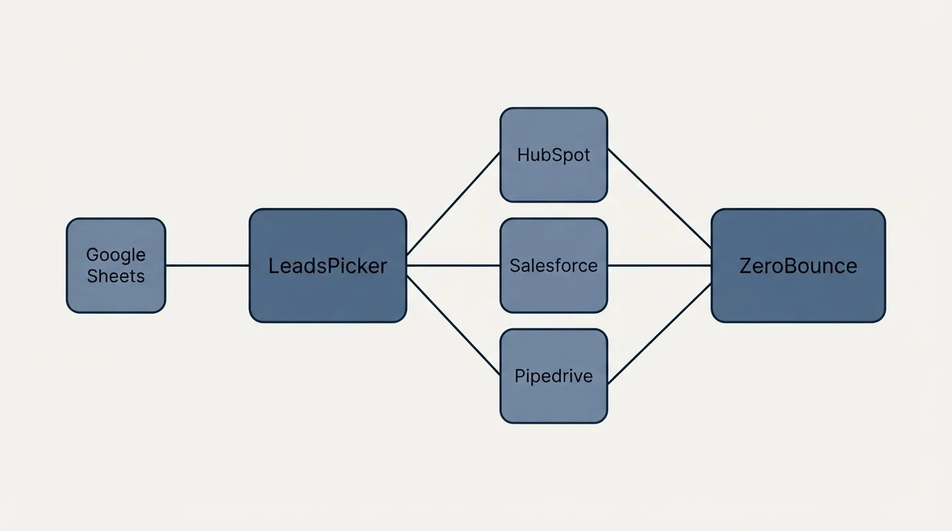 Integration schematic: Integration Ecosystem (LeadsPicker, ZeroBounce, HubSpot, Salesforce)