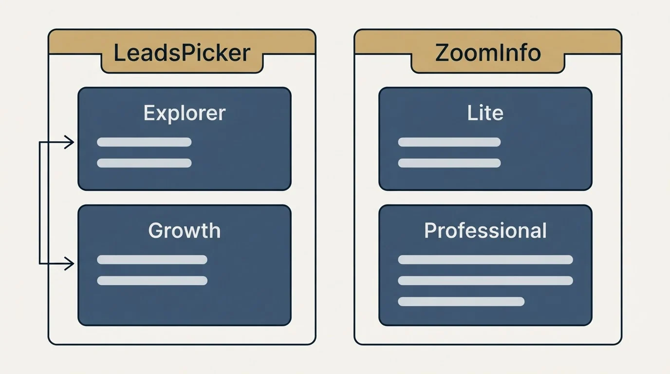 Pricing panels: Pricing Comparison (LeadsPicker, ZoomInfo, Explorer, Lite)