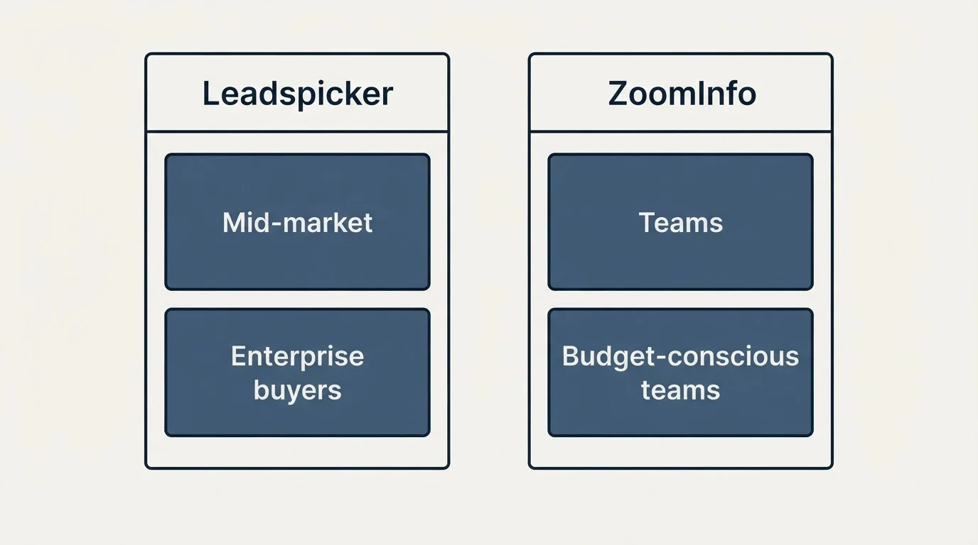 Two-column comparison: Use Case Recommendations (Leadspicker, ZoomInfo, Mid-market, Teams)