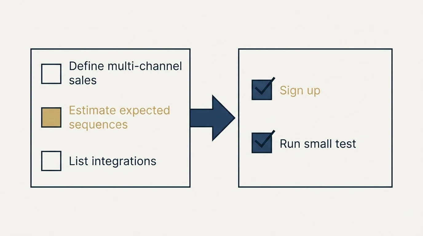Before-and-after steps: Getting Started Checklist (Define multi-channel sales, Estimate expected sequences, List integrations, Sign up)