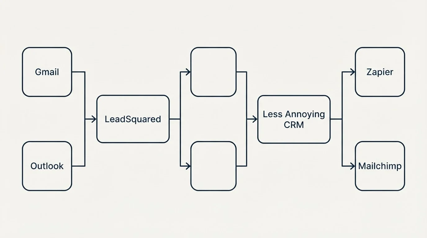 Integration flow: Integration Ecosystem (LeadSquared, Less Annoying CRM, Gmail, Zapier)