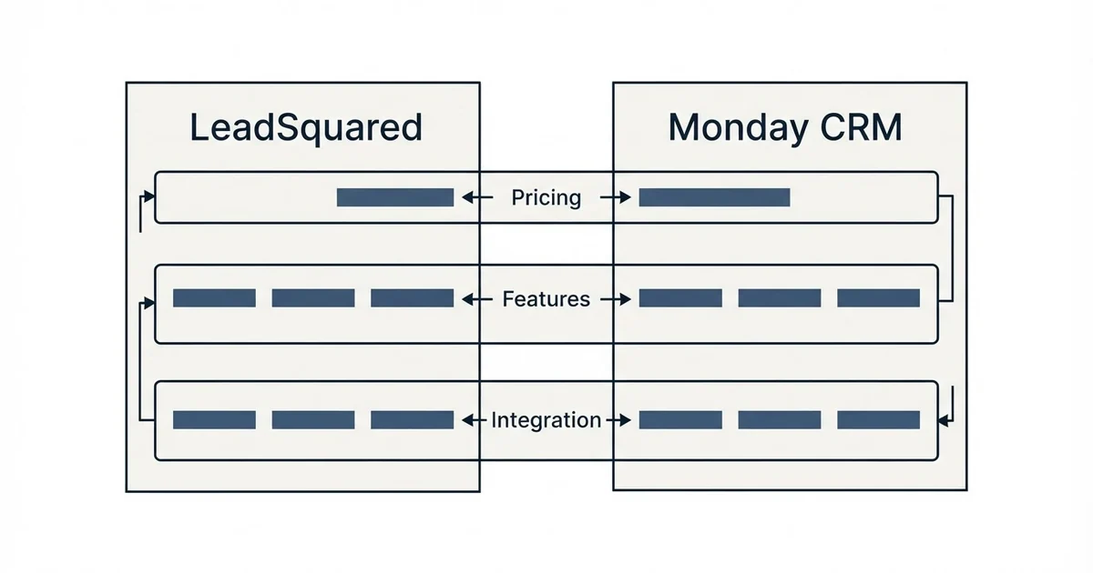 Comparison panel: LeadSquared vs Monday CRM (Pricing, Features, Integration)