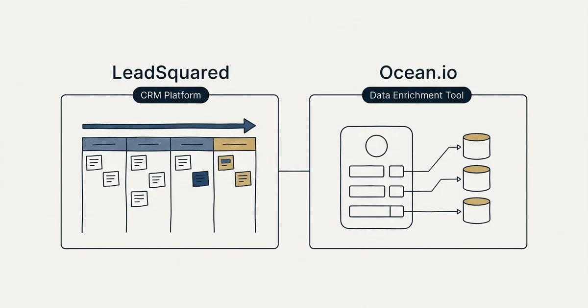 Side-by-side panels: LeadSquared vs Ocean.io (CRM Platform, Data Enrichment Tool)