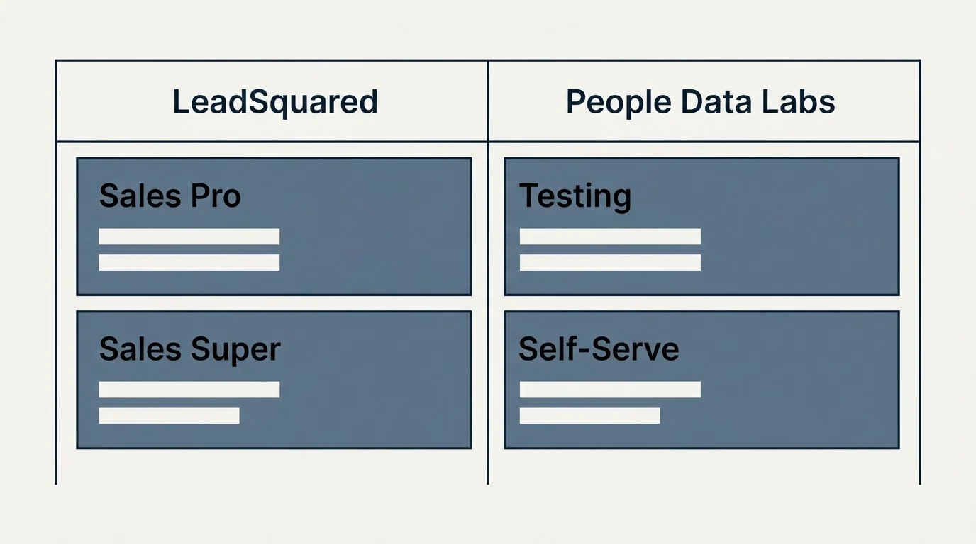 Pricing table: Pricing Comparison (LeadSquared, People Data Labs, Sales Pro, Testing)