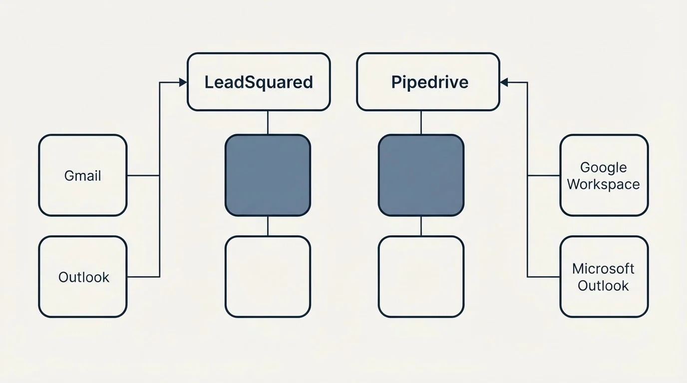 Integration grid: Integration Ecosystem (LeadSquared, Pipedrive, Gmail, Google Workspace)