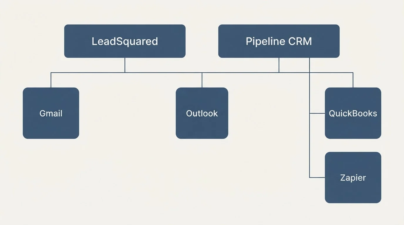 Integration grid: Integration Ecosystem (LeadSquared, Pipeline CRM, Outlook, Gmail)