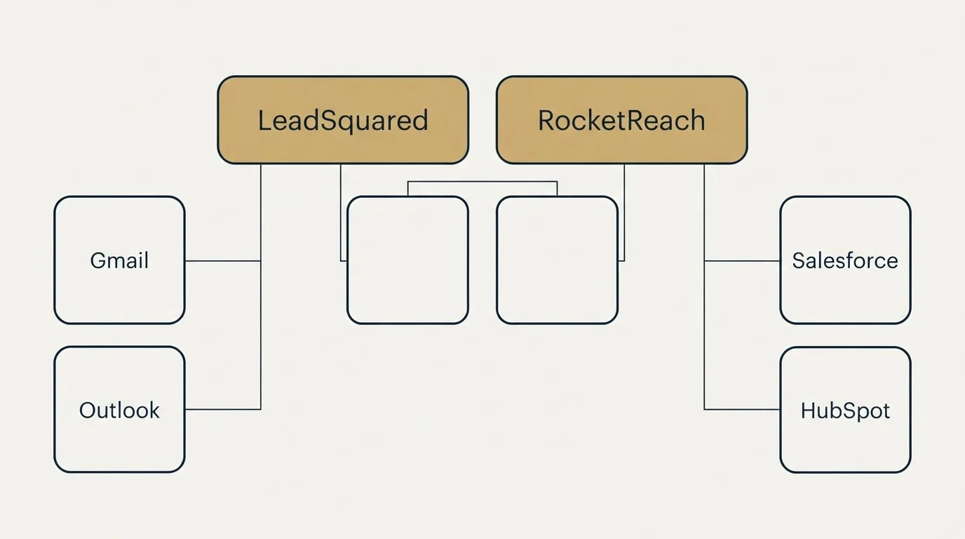 Integration grid: Integration Ecosystem (LeadSquared, RocketReach, Gmail, Salesforce)