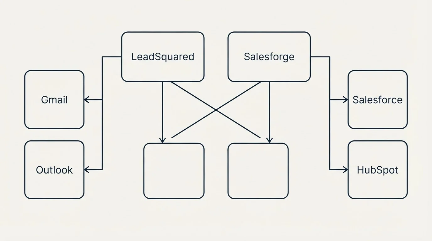 Integration grid: Integration Ecosystem (LeadSquared, Salesforge, Gmail, Salesforce)