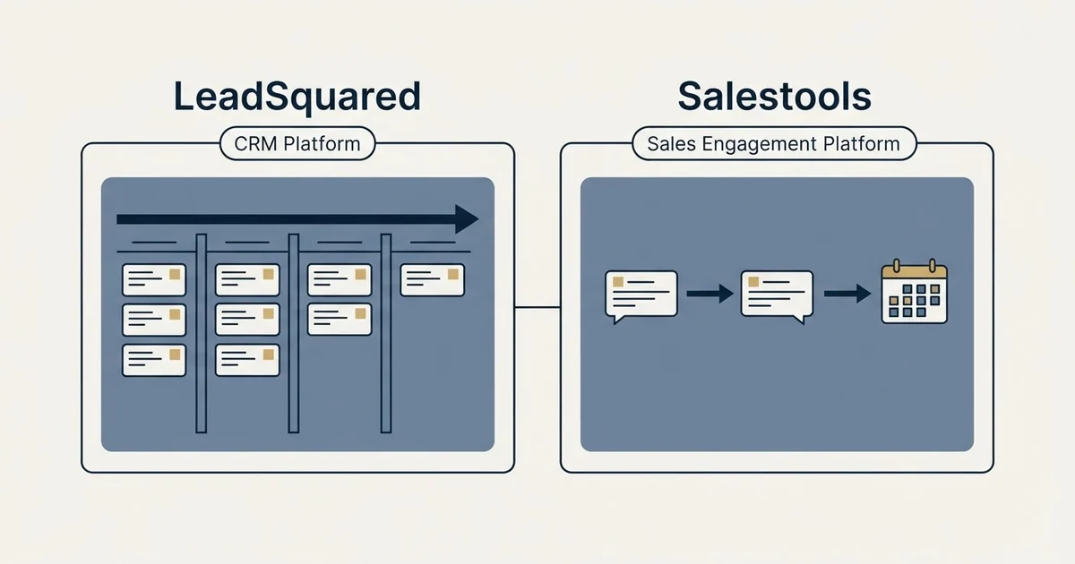 Side-by-side panels: LeadSquared vs Salestools (CRM Platform, Sales Engagement Platform)